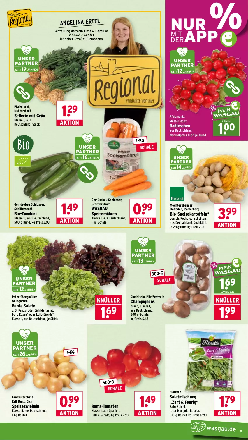 Aktueller Prospekt Wasgau - von 31.08 bis 05.09.2026 - strona 11 - produkty: Abtei, Bau, beutel, bio, bio-zucchini, braun, bunte salate, champignon, champignons, cola, Eichblattsalat, eimer, eis, elle, ente, florette, Garten, kartoffel, kartoffeln, mango, möhren, Müller, obst, radieschen, reis, rucola, salat, salate, Schal, Schale, speisekartoffeln, speisemöhren, Speisezwiebeln, spinat, tee, tomate, tomaten, Tüte, wein, zucchini, zwiebel, zwiebeln