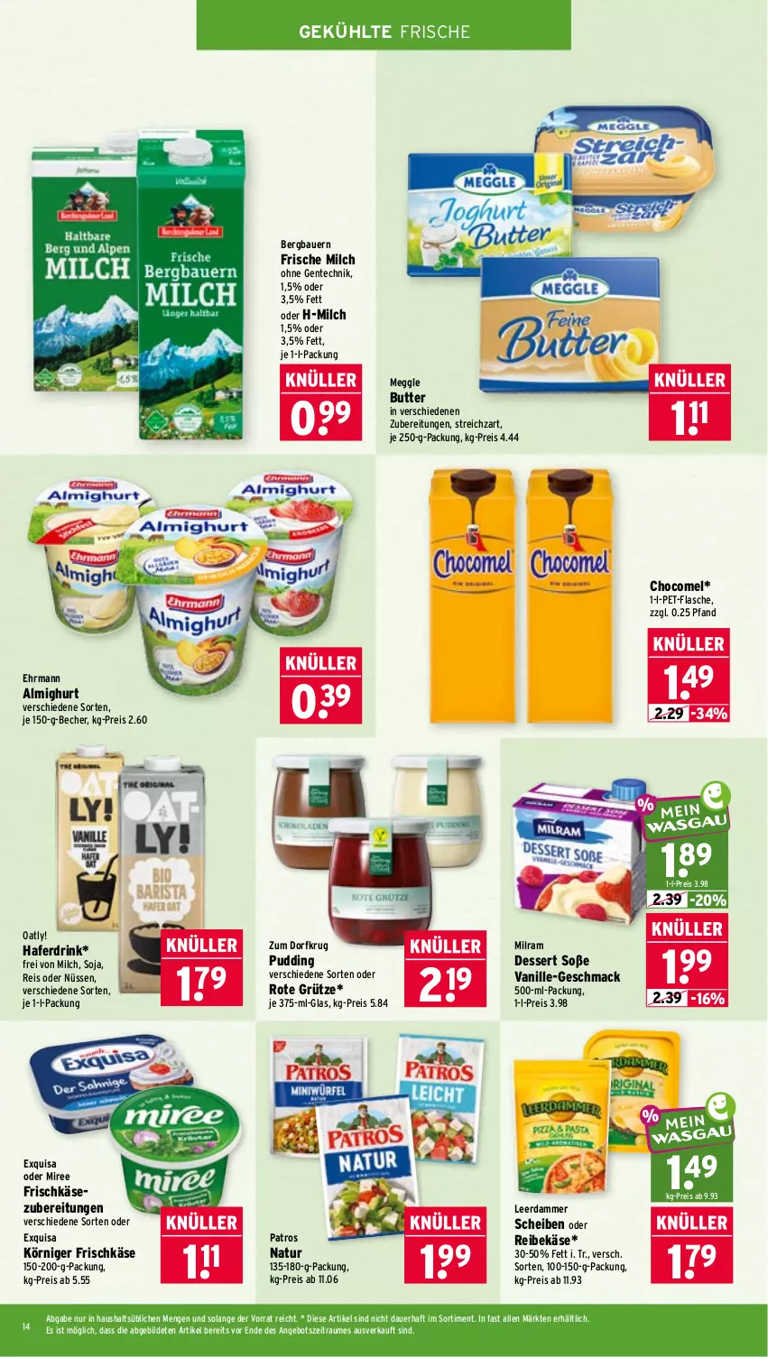 Aktueller Prospekt Wasgau - von 31.08 bis 05.09.2026 - strona 14 - produkty: almighur, almighurt, angebot, auer, Bau, Bauer, Becher, butter, dessert, drink, ehrmann, eis, ente, exquisa, flasche, frische milch, frischkäse, frischkäsezubereitung, grütze, hafer, Haferdrink, je 250-g-packung, Käse, Körniger Frischkäse, leerdammer, mac, meggle, milch, milram, miree, natur, patros, pet-flasche, pudding, Reibekäse, reis, Rote Grütze, soja, Soße, Streichzart, Ti, vanille, Zum Dorfkrug