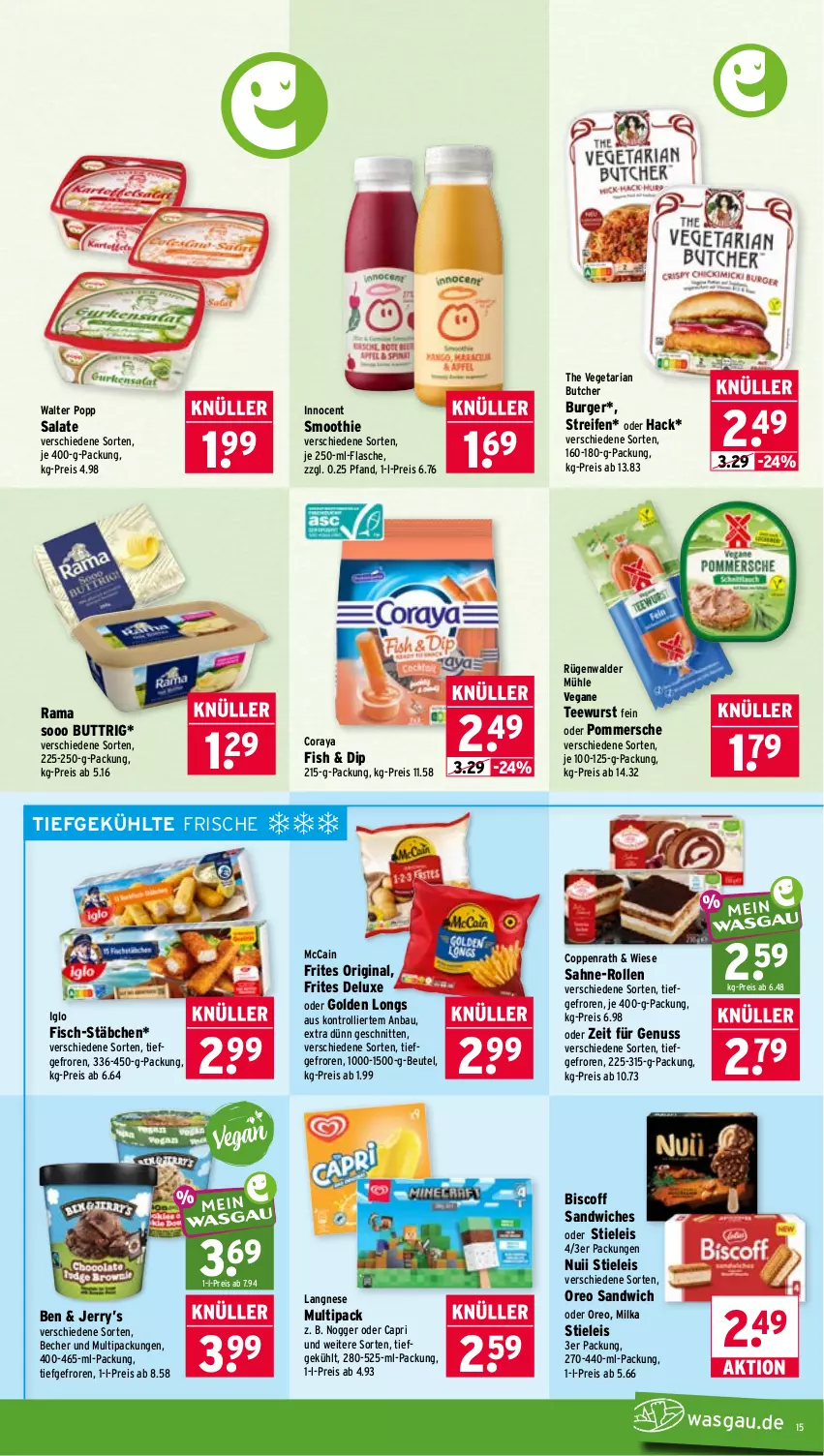Aktueller Prospekt Wasgau - von 31.08 bis 05.09.2026 - strona 15 - produkty: Bau, Becher, beutel, biscoff, burger, Cap, coppenrath, dip, eis, fisch, flasche, gin, Golden Longs, iglo, Innocent, langnese, mccain, milka, nogger, nuii, nuss, oreo, Pommersche, Popp, rama, reifen, reis, Ria, rügenwalder, rügenwalder mühle, sahne, salat, salate, sandwich, schnitten, smoothie, stieleis, tee, teewurst, The Vegetarian Butcher, Ti, trolli, Vegeta, wurst