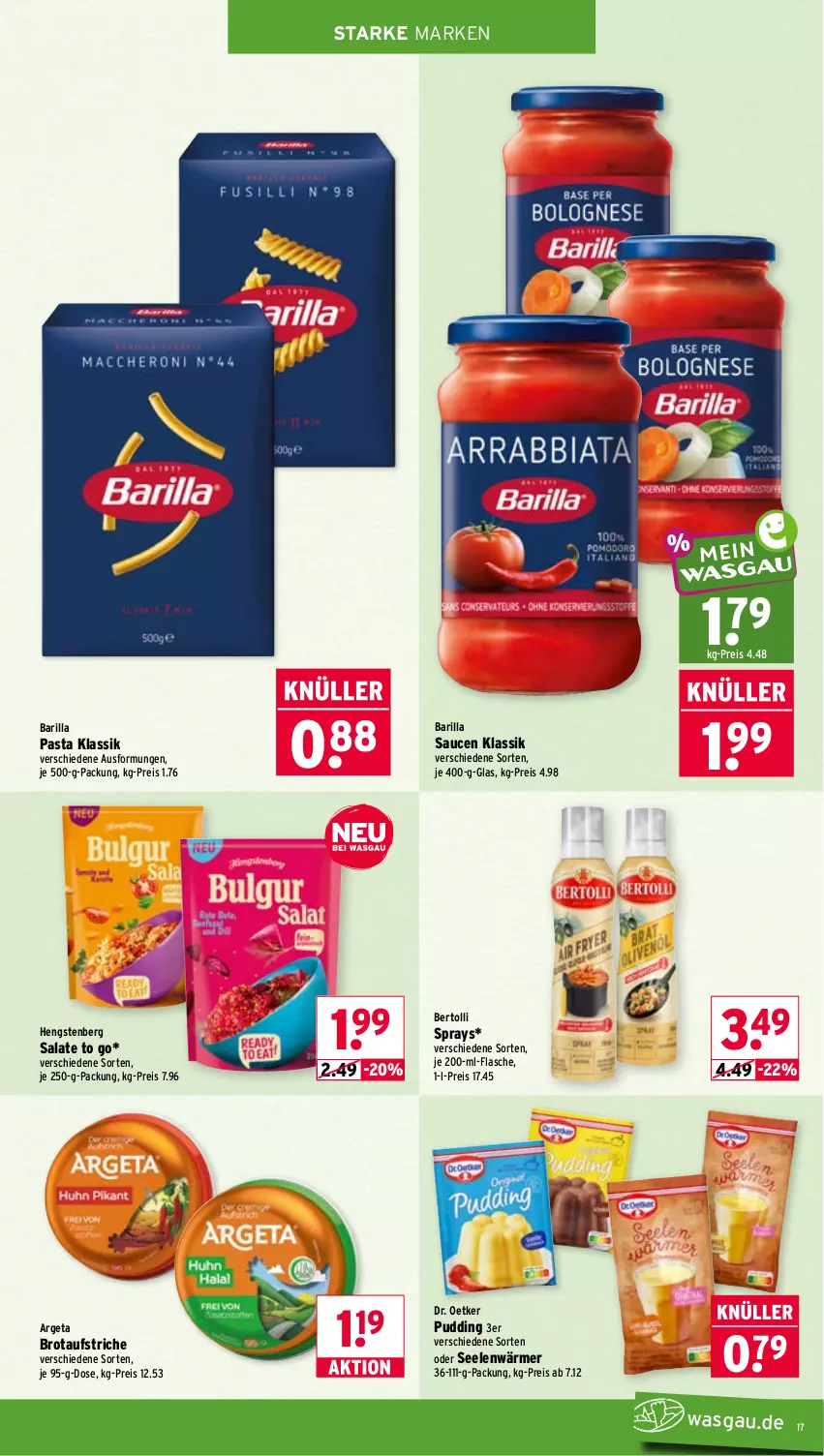 Aktueller Prospekt Wasgau - von 31.08 bis 05.09.2026 - strona 17 - produkty: aufstrich, barilla, bertolli, brot, brotaufstrich, brotaufstriche, Dr. Oetker, eis, flasche, hengstenberg, je 250-g-packung, pasta, pudding, reis, salat, salate, sauce, saucen
