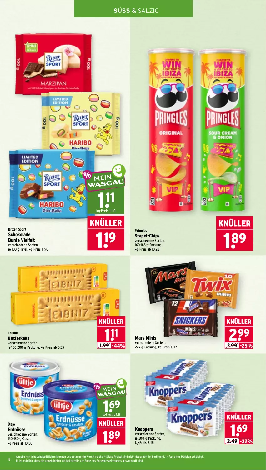 Aktueller Prospekt Wasgau - von 31.08 bis 05.09.2026 - strona 18 - produkty: angebot, auer, butter, butterkeks, chips, eis, erdnüsse, keks, knoppers, leibniz, mars, pringles, reis, ring, ritter, ritter sport, salz, schoko, schokolade, Sport, Ti, ültje, ültje erdnüsse