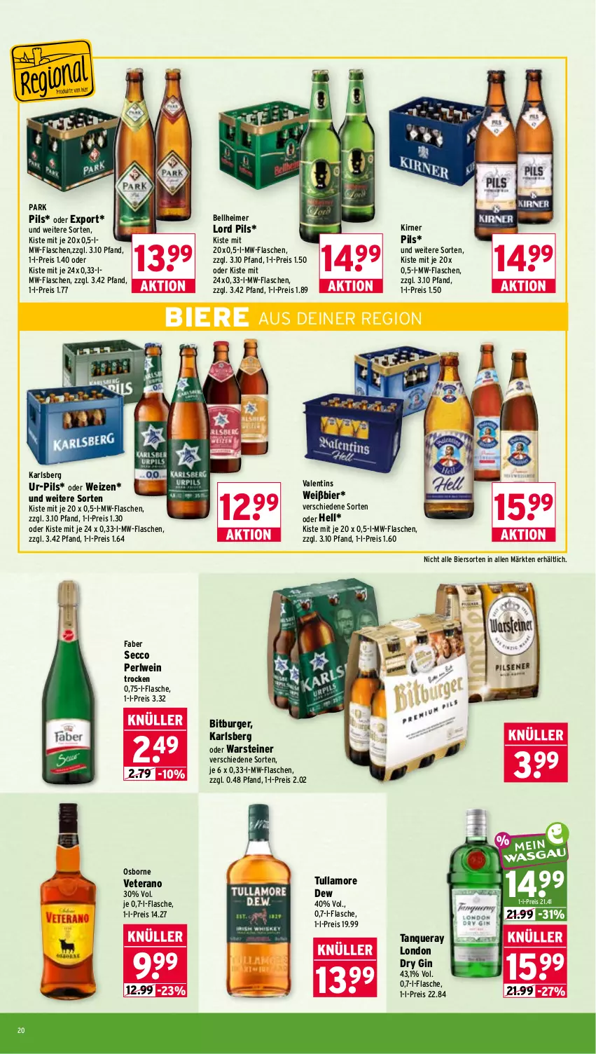 Aktueller Prospekt Wasgau - von 31.08 bis 05.09.2026 - strona 20 - produkty: bier, Biere, bitburger, burger, dry gin, ecco, eimer, eis, flasche, gin, karlsberg, london dry, london dry gin, mw-flasche, osborne, pils, reis, steiner, Tanqueray, Ti, tullamore, tullamore dew, veterano, warsteiner, wein