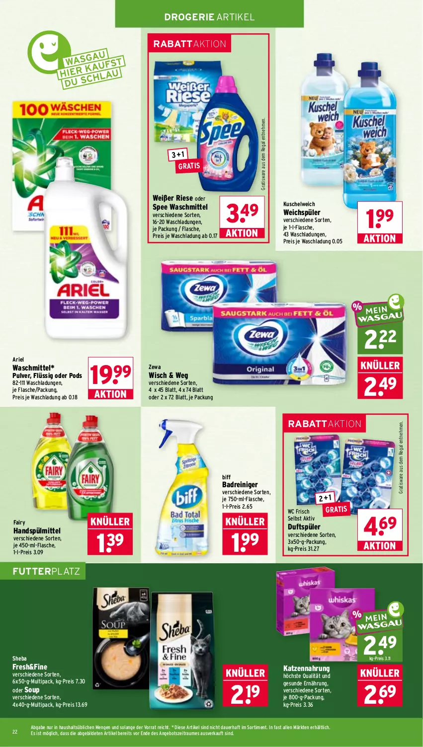 Aktueller Prospekt Wasgau - von 31.08 bis 05.09.2026 - strona 22 - produkty: angebot, ariel, ariel waschmittel, auer, Bad, biff, eis, fairy, flasche, katzennahrung, Kuschelweich, Pods, regal, reiniger, reis, sheba, spee, spülmittel, Ti, waschmittel, wc frisch, weichspüler, zewa