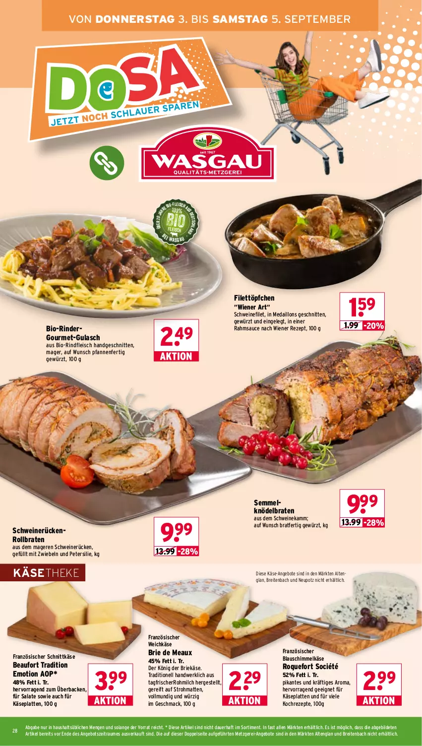 Aktueller Prospekt Wasgau - von 31.08 bis 05.09.2026 - strona 28 - produkty: angebot, angebote, auer, bio, bio-rindfleisch, braten, Brei, brie, eis, filet, fleisch, französischer weichkäse, gewürz, gulasch, Käse, käsetheke, Knödel, latte, mac, medaillons, milch, mit zwiebeln, petersilie, pfanne, pfannen, rezept, rezepte, rind, rinder, rindfleisch, rollbraten, salat, salate, sauce, schnitten, schnittkäse, schwein, schweine, schweinefilet, schweinerücken, Semmel, Semmelknödel, Ti, Töpfchen, weichkäse, wein, weine, wiener, zwiebel, zwiebeln