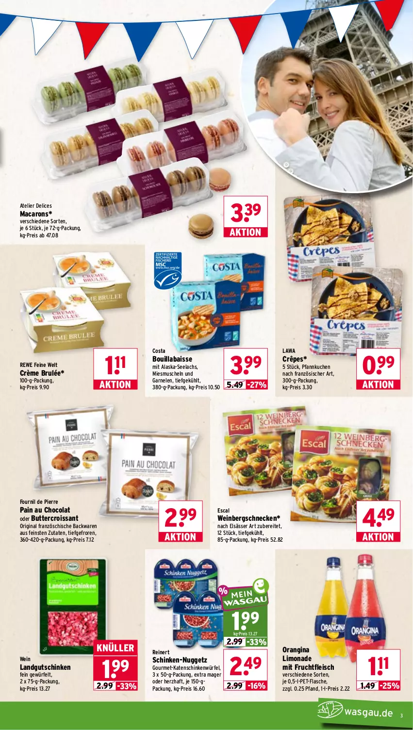 Aktueller Prospekt Wasgau - von 31.08 bis 05.09.2026 - strona 3 - produkty: Alaska-Seelachs, backwaren, butter, cola, Croissant, delice, eis, elsässer art, escal, flasche, fleisch, frucht, fruchtfleisch, garnelen, gin, katenschinken, kuchen, lachs, landgut, limo, limonade, mac, Macarons, mit frucht, Muscheln, orangina, pet-flasche, Pfannkuchen, reinert, reis, rewe feine welt, schinken, Ti, wein, würfel