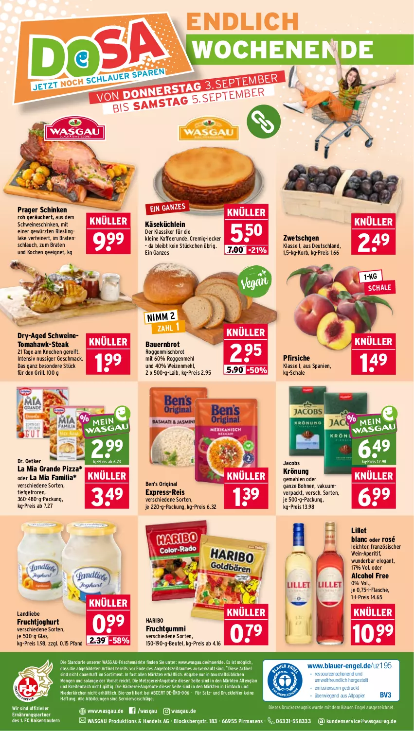 Aktueller Prospekt Wasgau - von 31.08 bis 05.09.2026 - strona 30 - produkty: angebot, angebote, aperitif, auer, Bau, Bauer, Ben’s Original, beutel, bio, bohne, bohnen, braten, Brei, brot, Dr. Oetker, drucker, eis, elle, Engel, express-reis, flasche, frucht, fruchtgummi, fruchtjoghurt, gewürz, gin, grill, haribo, jacobs, joghur, joghurt, kaffee, Kaiser, Käse, kerze, korb, landliebe, leine, lillet, mac, mehl, Nimm 2, nuss, papier, pfirsich, pfirsiche, pizza, reis, riesling, Schal, Schale, schinken, schlauch, schwein, schweine, steak, Ti, wein, weine, weizenmehl, ZTE