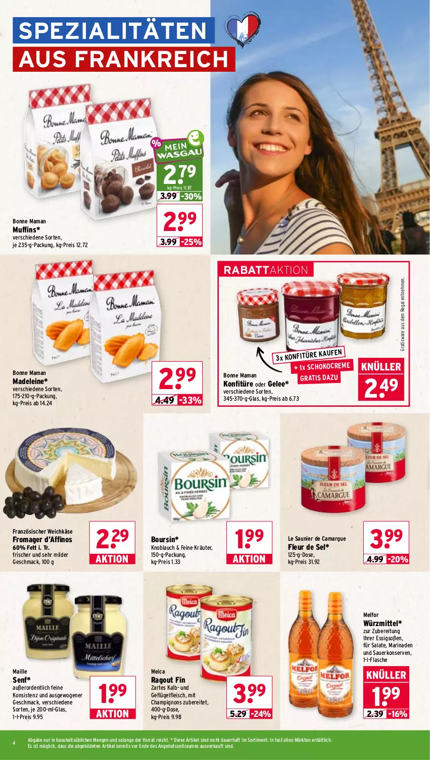 Aktueller Prospekt Wasgau - von 31.08 bis 05.09.2026 - strona 4 - produkty: angebot, auer, bonne maman, Boursin, camargue, champignon, champignons, creme, eis, essig, flasche, fleisch, französischer weichkäse, Geflügel, gelee, Käse, knoblauch, konfitüre, Konserven, kräuter, leine, mac, maille, mam, marinade, meica, Muffin, muffins, Ragout, regal, reis, salat, salate, schoko, senf, Soße, Spezi, Ti, weichkäse