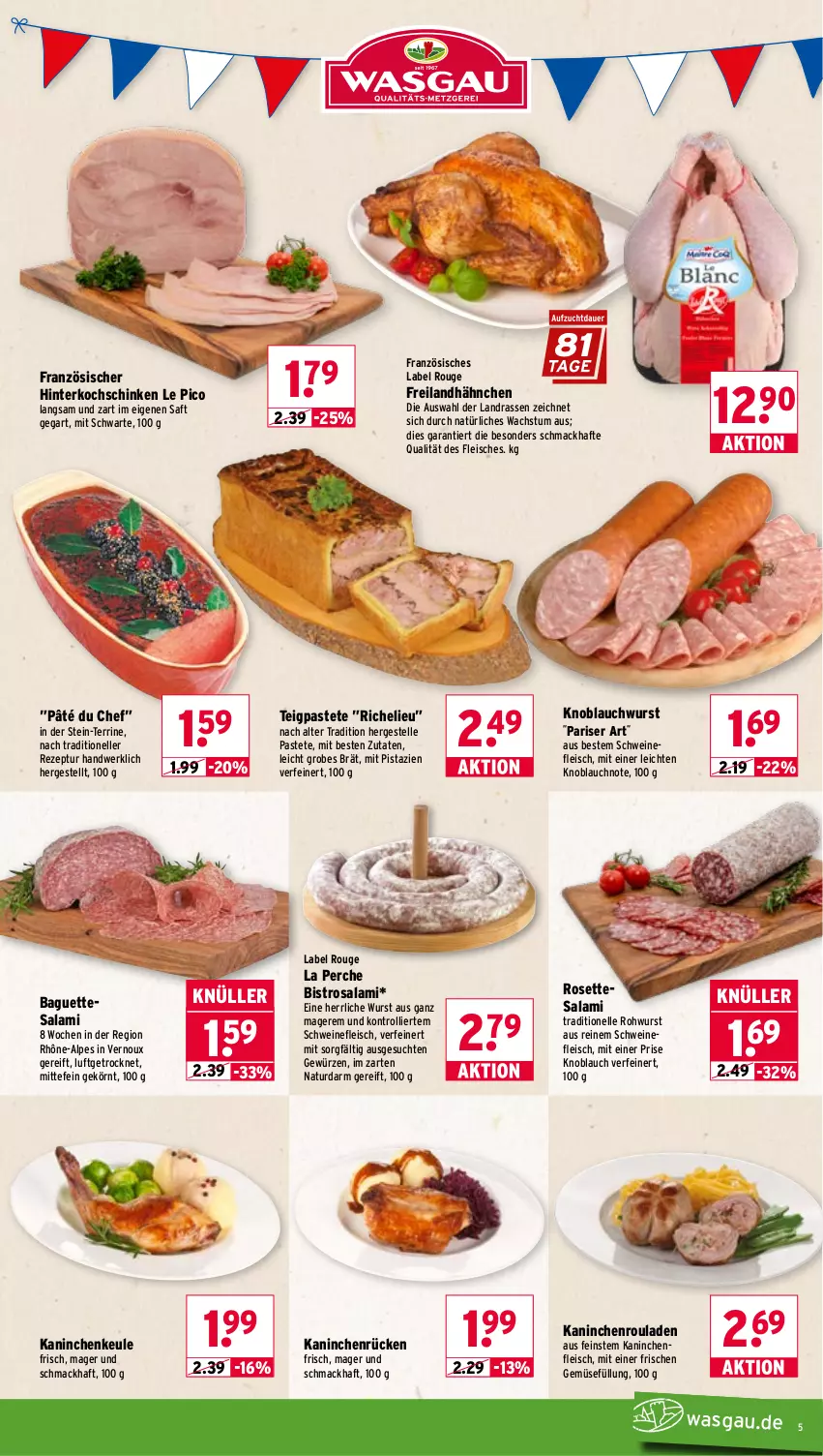 Aktueller Prospekt Wasgau - von 31.08 bis 05.09.2026 - strona 5 - produkty: baguette, baguettes, eis, elle, fleisch, gewürz, hinterkochschinken, Kaninchenfleisch, Kaninchenkeule, Kaninchenrücken, knoblauch, kochschinken, mac, mit pistazien, natur, pastete, pistazien, rezept, Rohwurst, rouge, rouladen, saft, salami, schinken, schwein, schweine, schweinefleisch, terrine, tesa, Ti, trolli, wein, weine, wurst