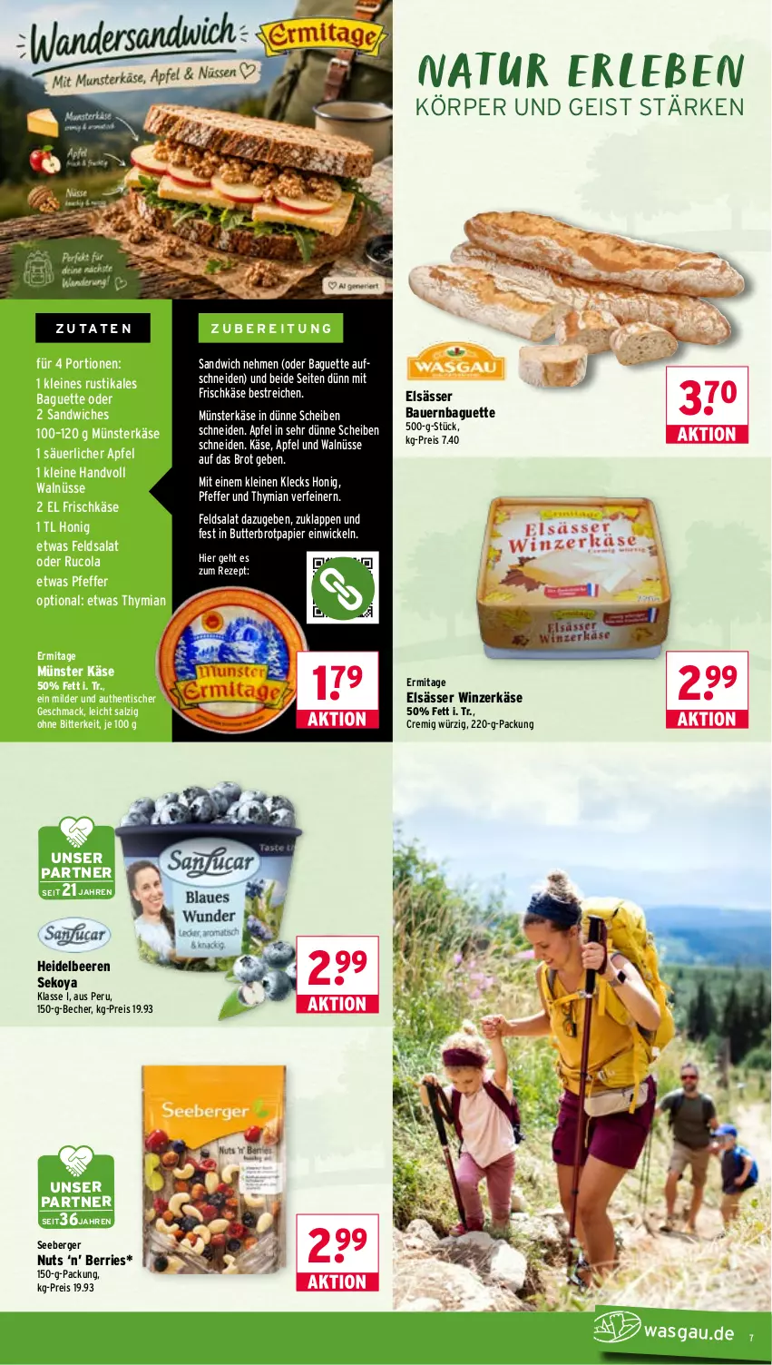 Aktueller Prospekt Wasgau - von 31.08 bis 05.09.2026 - strona 7 - produkty: apfel, auer, baguette, Bau, Bauer, Becher, beere, beeren, Berger, brot, butter, cola, eis, feldsalat, frischkäse, heidelbeere, heidelbeeren, honig, Käse, leine, mac, natur, papier, pfeffer, reis, rezept, rucola, salat, salz, sandwich, seeberger, Ti, tisch, WICK