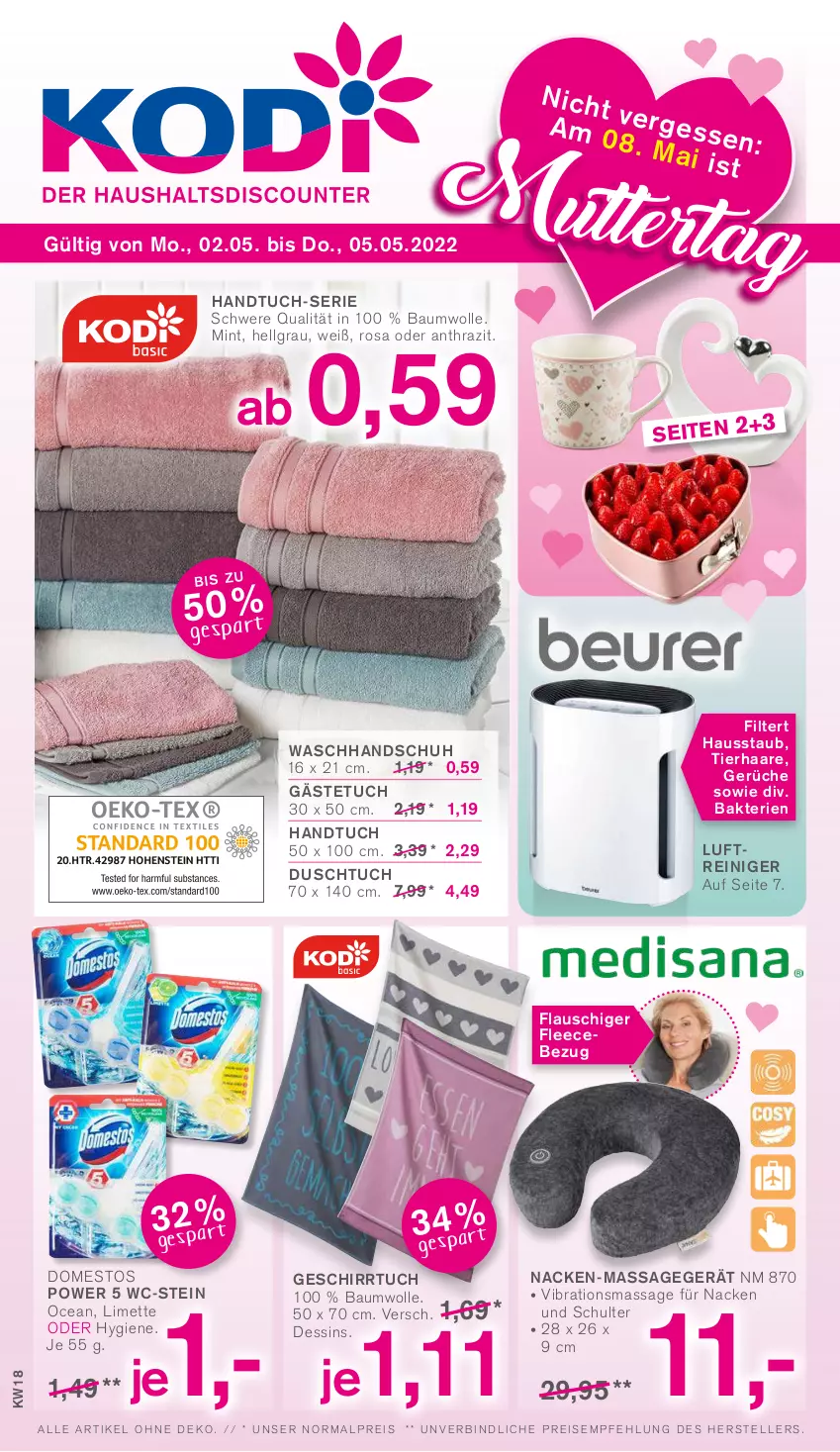 Aktueller Prospekt Kodi - Prospekte - von 30.04 bis 05.05.2022 - strona 1 - produkty: Bau, baumwolle, domestos, duschtuch, eis, elle, gästetuch, geschirr, geschirrtuch, handtuch, LG, limette, Luftreiniger, Massagegerät, Mett, mint, reiniger, reis, teller, Ti, tuc, waschhandschuh, wolle