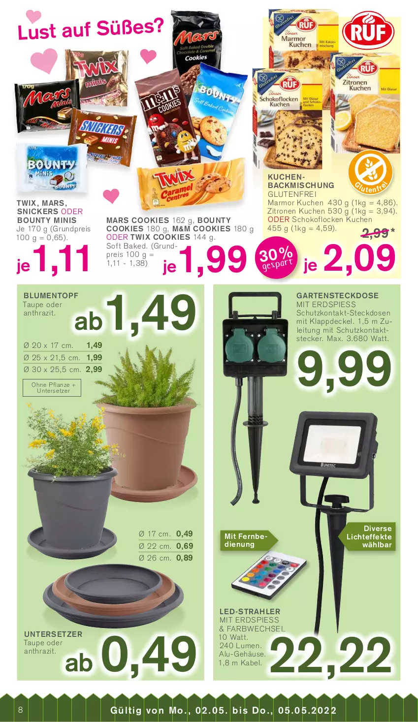 Aktueller Prospekt Kodi - Prospekte - von 30.04 bis 05.05.2022 - strona 8 - produkty: backmischung, blume, blumen, bounty, cookie, cookies, decke, Deckel, eis, fernbedienung, Garten, kuchen, mars, mit fernbedienung, oder twix, pflanze, reis, schoko, snickers, steckdose, Ti, topf, twix, Untersetzer, zitrone, zitronen