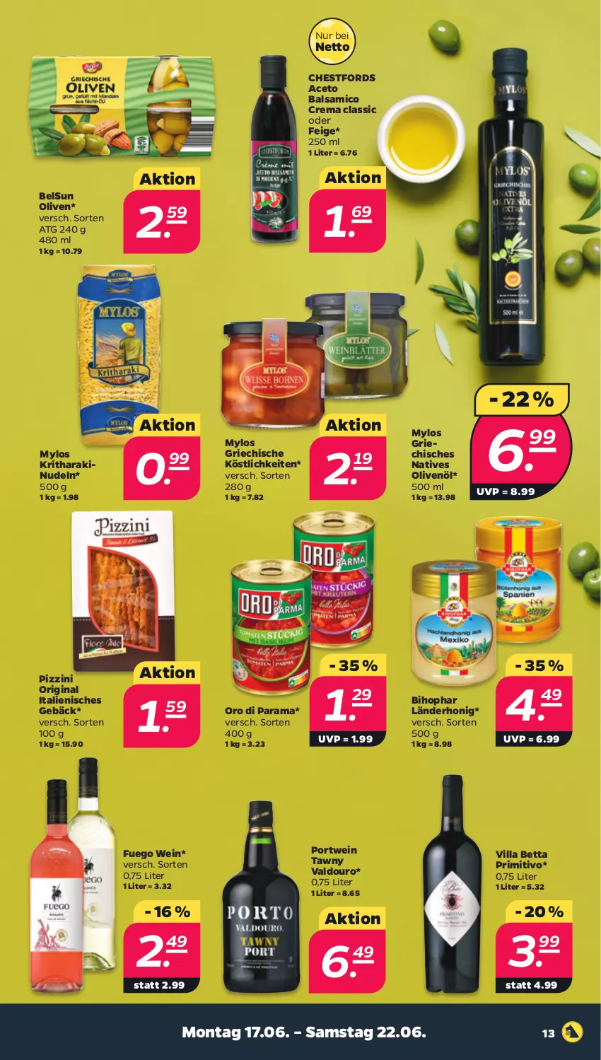 Aktueller Prospekt Netto - Woche 25 - von 17.06 bis 22.06.2024 - strona 13 - produkty: aceto, aceto balsamico, balsam, balsamico, bett, bihophar, gin, honig, natives olivenöl, nudel, nudeln, olive, oliven, olivenöl, Portwein, primitivo, rama, Ti, valdo, wein