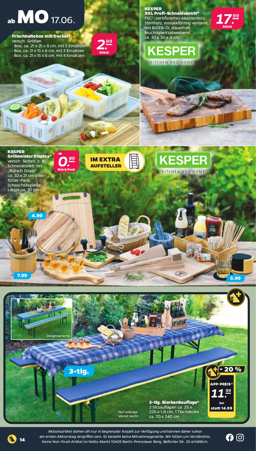 Aktueller Prospekt Netto - Woche 25 - von 17.06 bis 22.06.2024 - strona 14 - produkty: auer, Bank, bier, bio, decke, Deckel, eis, grill, Holz, kesper, LG, Meister, reis, Ria, schneidebrett, Sitzauflage, Ti, tisch, tischdecke, ZTE