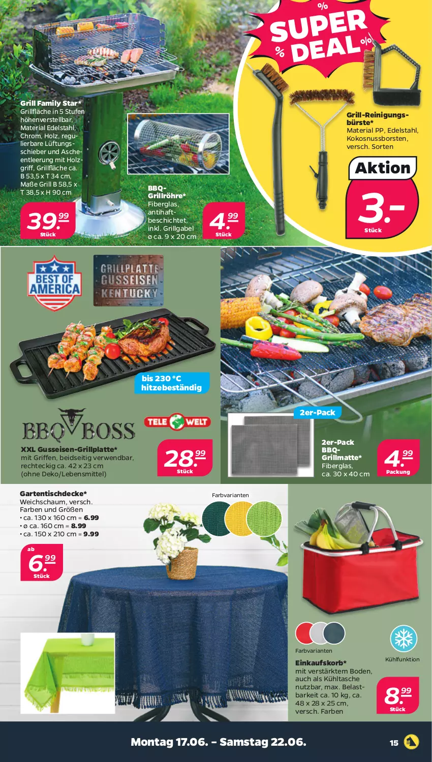 Aktueller Prospekt Netto - Woche 25 - von 17.06 bis 22.06.2024 - strona 15 - produkty: bürste, decke, edelstahl, einkaufskorb, eis, gabel, Garten, gartentisch, grill, grillfläche, grillplatte, Holz, kokos, kokosnuss, korb, kühltasche, latte, lebensmittel, LG, nuss, Reinigung, reinigungsbürste, Ria, rwe, Tasche, Ti, tisch, tischdecke