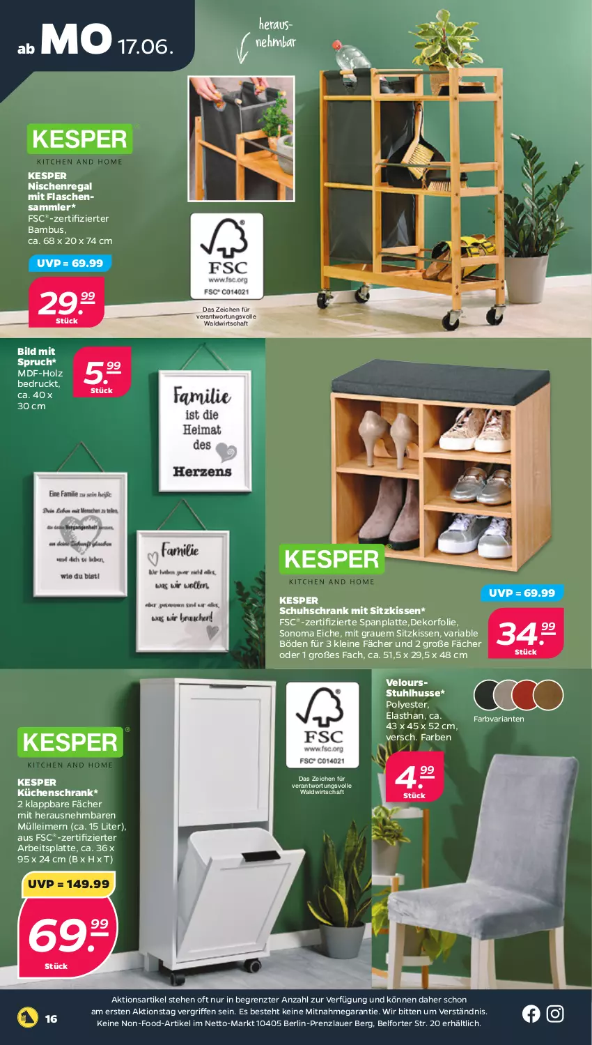 Aktueller Prospekt Netto - Woche 25 - von 17.06 bis 22.06.2024 - strona 16 - produkty: arbeitsplatte, auer, bambus, eimer, flasche, Holz, kesper, kissen, küche, Küchen, latte, leimer, leine, regal, Ria, Schrank, schuhschrank, sitzkissen, sonoma eiche, stuhl, Ti, ZTE