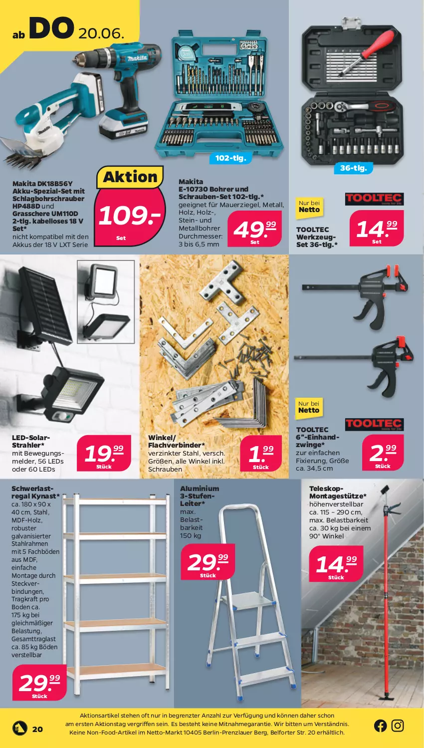 Aktueller Prospekt Netto - Woche 25 - von 17.06 bis 22.06.2024 - strona 20 - produkty: akku, auer, Bohrschrauber, Grasschere, Holz, HP, kraft, leds, LG, Makita, messer, regal, Schere, schrauben, schwerlastregal, Spezi, Teleskop, Ti, Tooltec, werkzeug, ZTE