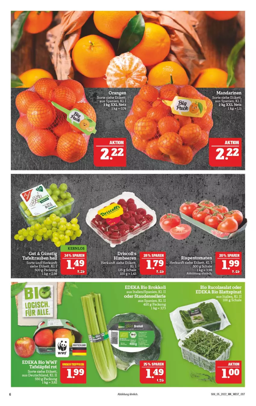 Aktueller Prospekt Marktkauf - Prospekt - von 30.01 bis 05.02.2022 - strona 10 - produkty: bio, blattspinat, brokkoli, cola, deka, edeka bio, elle, mandarine, mandarinen, orange, orangen, rispentomaten, rucola, salat, Schal, Schale, spinat, stauden, tafeläpfel, tafeltrauben, Ti, tomate, tomaten, trauben