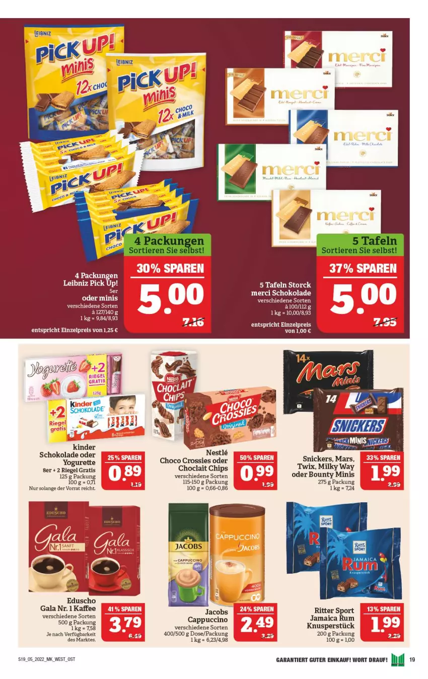 Aktueller Prospekt Marktkauf - Prospekt - von 30.01 bis 05.02.2022 - strona 23 - produkty: bounty, Cap, cappuccino, chips, choclait chips, choco crossies, cin, crossies, eduscho, eis, kaffee, Kinder, kinder schokolade, mars, merci, milky way, oder yogurette, reis, riegel, ritter, ritter sport, rum, schoko, schokolade, snickers, Sport, storck, tee, Ti, twix, Yo, yogurette