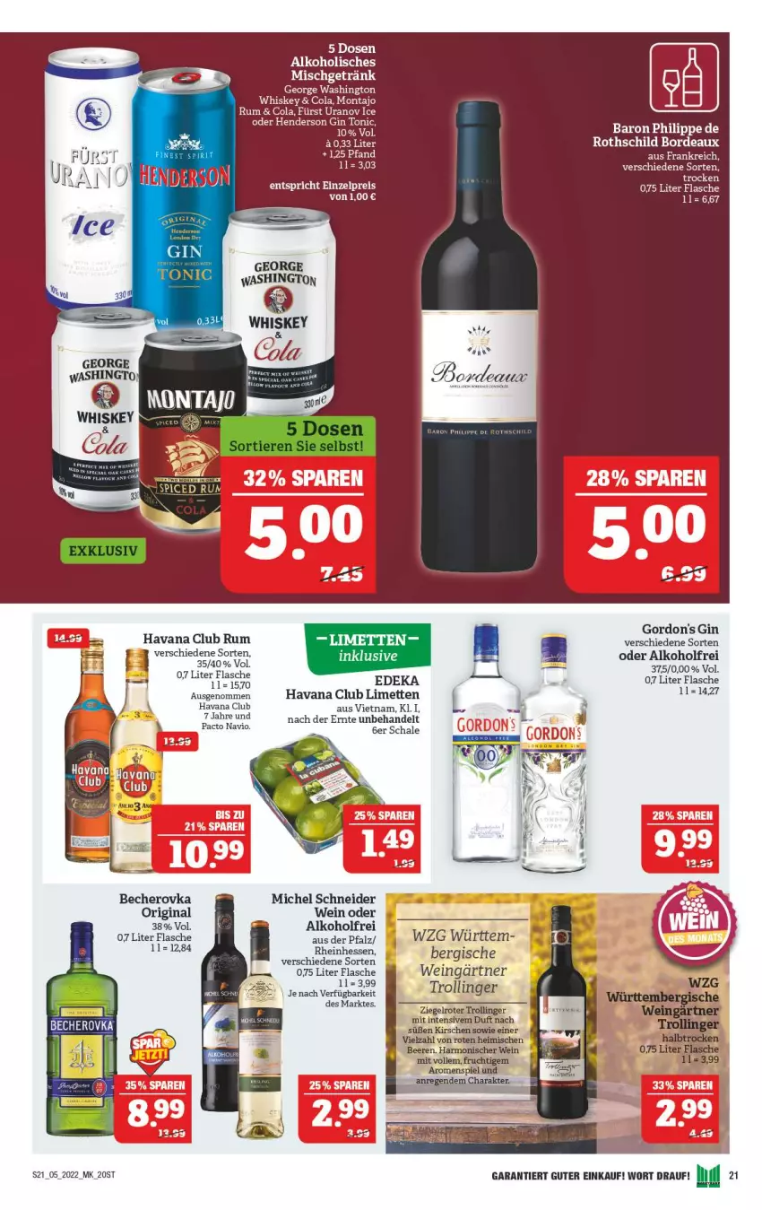 Aktueller Prospekt Marktkauf - Prospekt - von 30.01 bis 05.02.2022 - strona 25 - produkty: alkohol, Becher, Becherovka, cola, deka, enders, flasche, gin, gordon, gordon's, Havana Club, hero, kirsch, kirsche, kirschen, limette, limetten, Mett, metten, Michel Schneider, rum, Schal, Schale, Ti, tonic, wein, whiskey