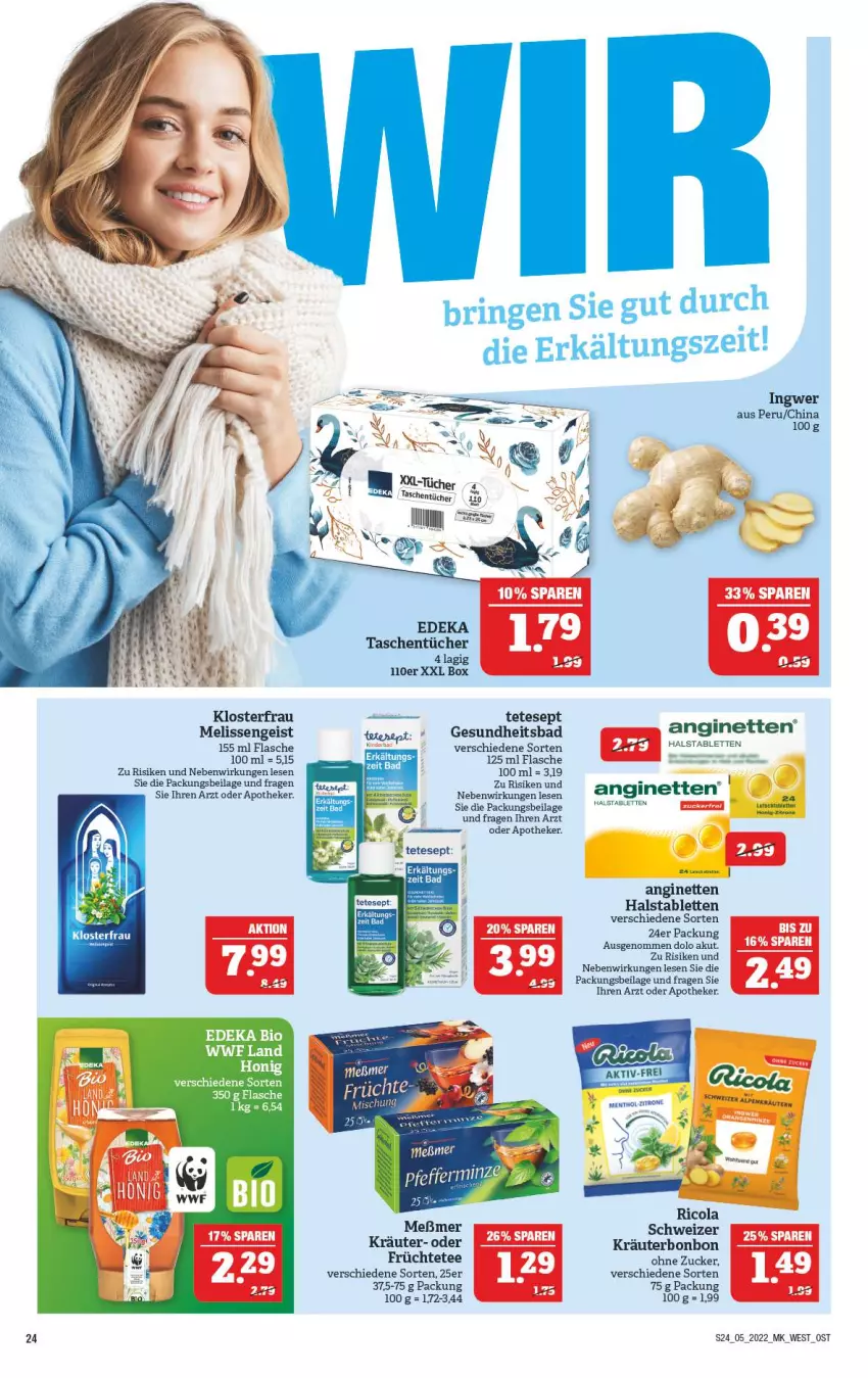 Aktueller Prospekt Marktkauf - Prospekt - von 30.01 bis 05.02.2022 - strona 28 - produkty: Apotheke, Bad, bio, cola, deka, edeka bio, eis, Erkältungs, flasche, früchte, Früchtetee, Gesundheit, gin, honig, ilag, ingwer, kräuter, Meßmer, Ricola, ring, tablet, tablett, Tablette, Tasche, taschen, taschentücher, tee, tücher, zucker