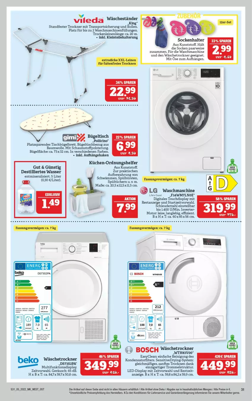 Aktueller Prospekt Marktkauf - Prospekt - von 30.01 bis 05.02.2022 - strona 35 - produkty: Bau, baumwolle, beko, bosch, bügel, bügeltisch, bürste, bürsten, cin, eis, elle, erde, küche, Küchen, leine, LG, lieferservice, Reinigung, reis, rwe, socken, Sport, teller, Ti, tisch, Trockner, trommel, tücher, wäschetrockner, waschmaschine, waschmaschinen, wasser, wolle