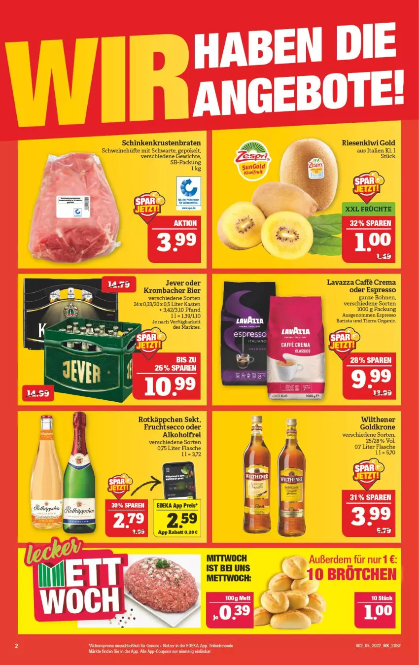 Aktueller Prospekt Marktkauf - Prospekt - von 30.01 bis 05.02.2022 - strona 6 - produkty: aktionspreis, alkohol, bier, bohne, bohnen, braten, caffe, coupon, coupons, deka, ecco, eier, eis, elle, espresso, flasche, frucht, fruchtsecco, goldkrone, jever, kiwi, Kiwi Gold, krombache, krombacher, krone, krustenbraten, lavazza, Mett, nuss, oder espresso, reis, rotkäppchen, schinken, schwein, schweine, sekt, Ti, wein, weine, wilthener, Wilthener Goldkrone