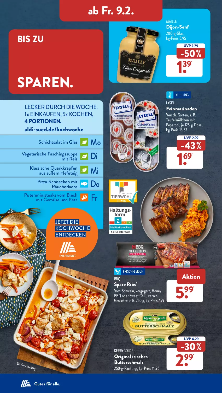 Aktueller Prospekt AldiSud - NÄCHSTE WOCHE - von 05.02 bis 10.02.2024 - strona 28 - produkty: aldi, butter, Butterschmalz, chili, decke, dijon-senf, eis, feta, fleisch, gin, Hefe, kerrygold, lachs, lysell, maille, malz, marinade, mit gemüse, peperoni, Peroni, pizza, pute, quark, Räucherlachs, reis, salat, Schmalz, schwein, senf, spare ribs, steak, steaks, suppe, Ti, Vegeta, wein