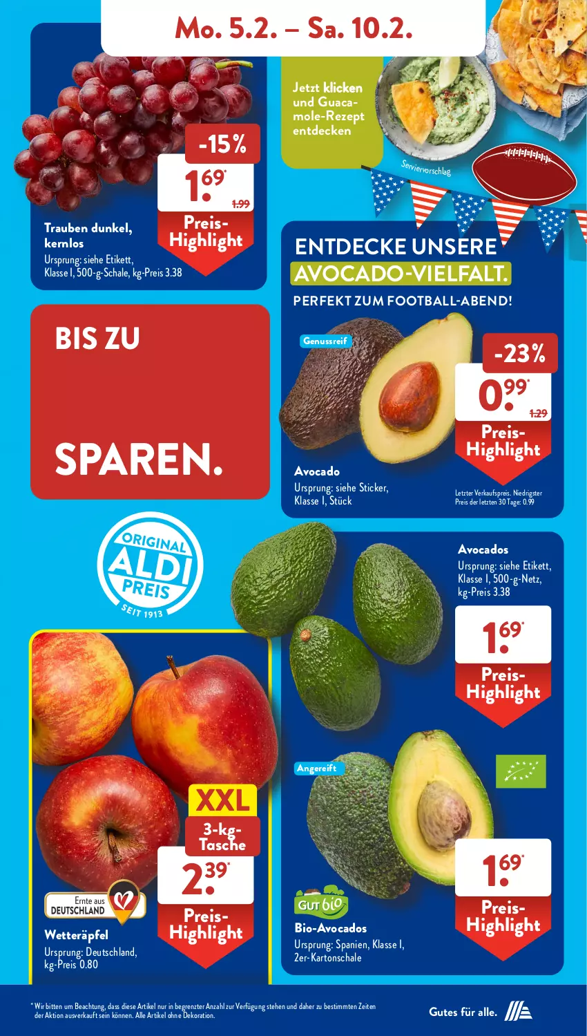 Aktueller Prospekt AldiSud - NÄCHSTE WOCHE - von 05.02 bis 10.02.2024 - strona 5 - produkty: alle artikel ohne dekoration, avocado, avocados, ball, bio, decke, dekoration, eis, guacamole, nuss, reis, rezept, Schal, Schale, Tasche, Ti, trauben, ZTE