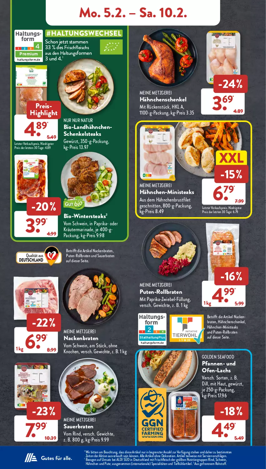 Aktueller Prospekt AldiSud - NÄCHSTE WOCHE - von 05.02 bis 10.02.2024 - strona 8 - produkty: aldi, alle artikel ohne dekoration, auer, bio, braten, brustfilet, dekoration, eis, filet, fleisch, gewürz, gsw, hähnchenbrust, hähnchenbrustfilet, hähnchenschenkel, henkel, je 250-g-packung, kräuter, lachs, marinade, mit paprika, natur, oder kräuter, Ofen, paprika, pfanne, pfannen, pute, reis, rind, rollbraten, schenkel, schnitten, schwein, Spezi, steak, steaks, Ti, wein, ZTE, zwiebel