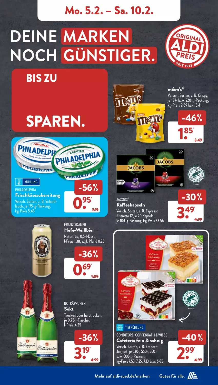 Aktueller Prospekt AldiSud - NÄCHSTE WOCHE - von 05.02 bis 10.02.2024 - strona 9 - produkty: aldi, bier, coppenrath, eis, espresso, flasche, franziskaner, frischkäse, frischkäsezubereitung, Hefe, jacobs, joghur, joghurt, Käse, natur, philadelphia, reis, Ria, rotkäppchen, schnittlauch, sekt, Ti