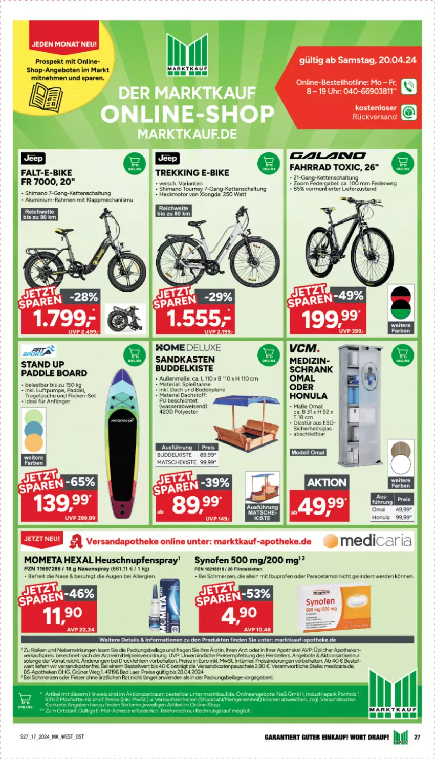 Aktueller Prospekt Marktkauf - Prospekt - von 21.04 bis 27.04.2024 - strona 29 - produkty: angebot, angebote, Apotheke, Bad, caria, dell, E-Bike, eis, elle, erde, Fahrrad, gabel, Glastür, Heu, ilag, Kette, Mode, Nasenspray, ndk, Ofen, Paracetamol, reis, Ria, rwe, Sandkasten, Schal, Schale, Schrank, shimano, tablet, tablett, Tablette, Tasche, teller, Ti, tragetasche, uhr, versandkostenfrei, wasser