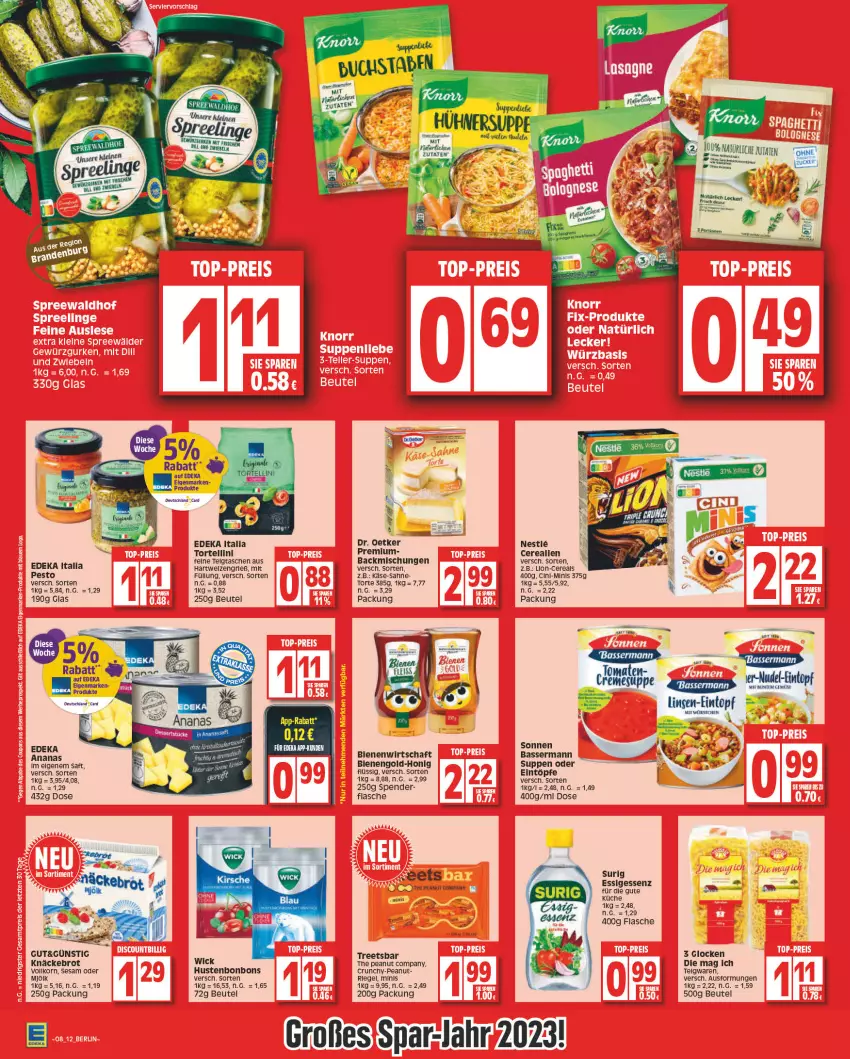 Aktueller Prospekt Edeka - Angebote der Woche - von 20.02 bis 25.02.2023 - strona 12 - produkty: ananas, backmischung, Backmischungen, Bebe, beutel, bonbons, brot, cereals, cin, creme, cremesuppe, deka, Dr. Oetker, edeka italia, eintopf, eintöpfe, essig, flasche, honig, Hustenbonbons, Käse, knäckebrot, korn, küche, LG, linsen, linsen-eintopf, lion, nudel, pesto, riegel, saft, sahne, sesam, suppe, suppen, Tasche, taschen, teigwaren, Ti, tomate, tomaten, topf, torte, WICK