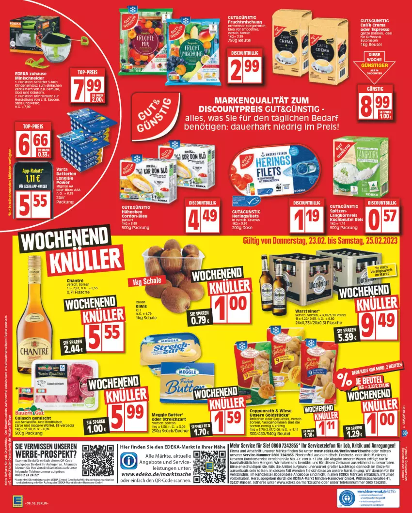 Aktueller Prospekt Edeka - Angebote der Woche - von 20.02 bis 25.02.2023 - strona 16 - produkty: angebot, angebote, auer, baguette, baguettes, Becher, beutel, brötchen, butter, cin, coppenrath, deka, eis, elle, Engel, flasche, fleisch, Goldstücke, gulasch, kiwi, LG, Liege, meggle, papier, rind, rindfleisch, Schal, Schale, steiner, Streichzart, tee, telefon, Ti, uhr, warsteiner, würfel