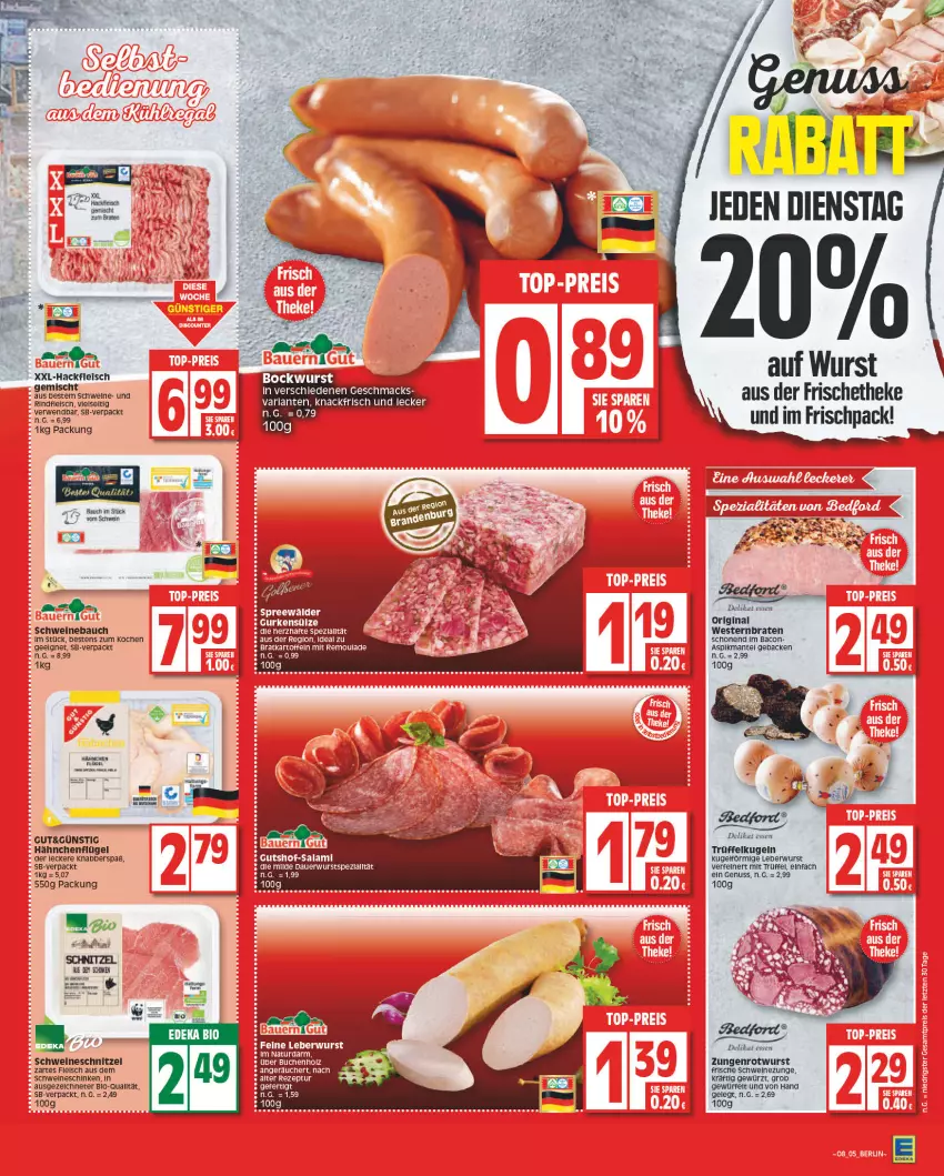 Aktueller Prospekt Edeka - Angebote der Woche - von 20.02 bis 25.02.2023 - strona 5 - produkty: ACC, bacon, Bau, braten, buch, eis, fleisch, geback, gewürz, gin, gurke, gurken, hackfleisch, hackfleisch gemischt, hähnchenflügel, HP, kartoffel, kartoffeln, Kugel, leberwurst, Mantel, natur, nuss, remoulade, rind, rindfleisch, Rotwurst, rwe, salami, schinken, schnitzel, schwein, schweine, Schweinebauch, schweineschnitzel, spreewälder, Ti, Trüffel, wein, weine, Weste, würfel, wurst