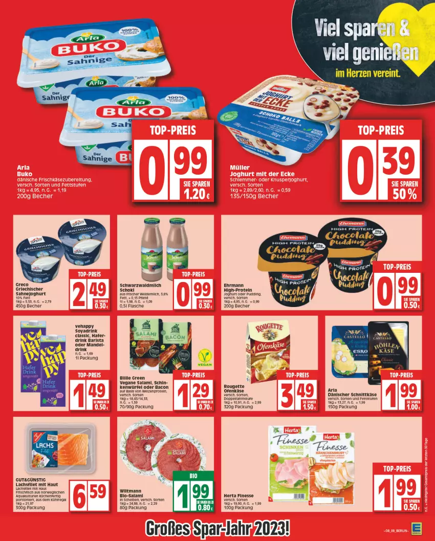 Aktueller Prospekt Edeka - Angebote der Woche - von 20.02 bis 25.02.2023 - strona 9 - produkty: aqua, arla, bacon, Becher, bio, Bio-Salami, cola, dänischer schnittkäse, drink, ehrmann, filet, finesse, fisch, flasche, frischfisch, hafer, herta, herta finesse, joghur, joghurt, Käse, küche, Küchen, lachs, lachsfilet, mandel, Ofen, Ofenkäse, pudding, regal, rouge, rougette, rwe, sahne, Sahnejoghurt, salami, schnittkäse, soya, Ti, wiltmann, würfel