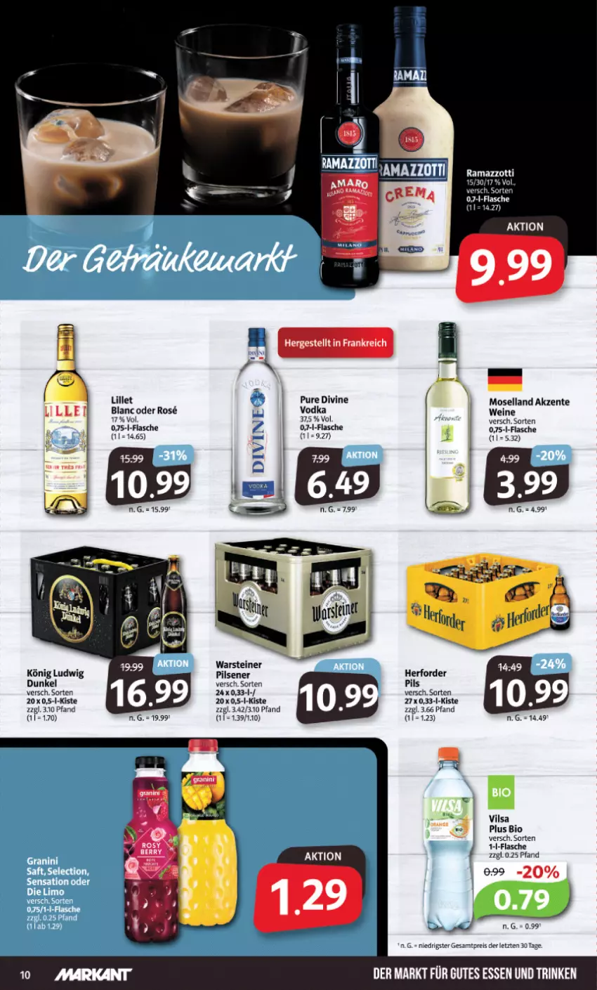 Aktueller Prospekt Markant - Prospekte - von 13.11 bis 18.11.2023 - strona 10 - produkty: bio, eis, ente, flasche, gutes essen, lillet, moselland, pils, pilsener, rama, ramazzott, ramazzotti, reis, steiner, Ti, vilsa, vodka, warsteiner, wein, weine, zott, ZTE