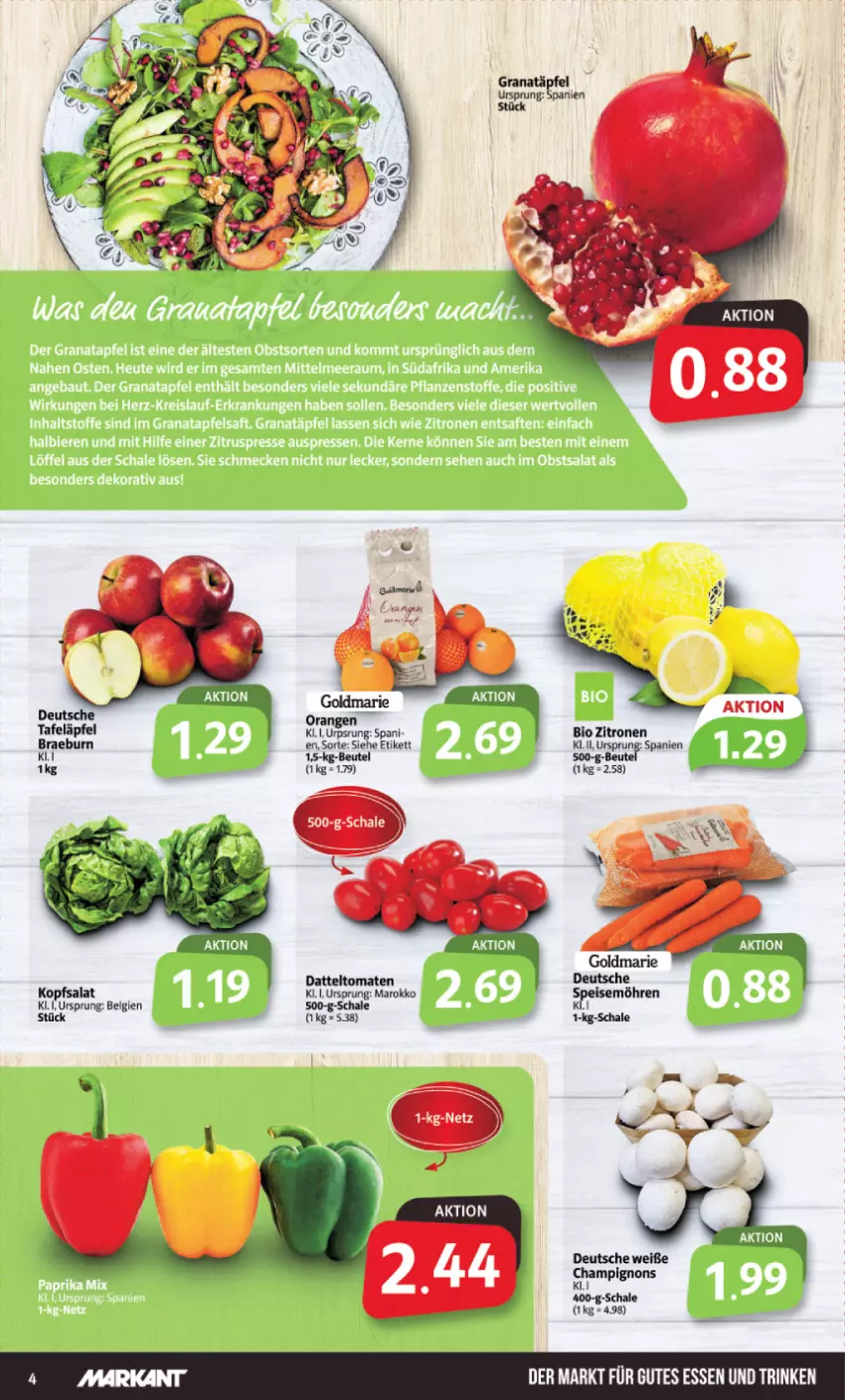 Aktueller Prospekt Markant - Prospekte - von 13.11 bis 18.11.2023 - strona 4 - produkty: beutel, bio, datteltomaten, goldmarie, grana, Granatäpfel, gutes essen, kopfsalat, LG, orange, orangen, Rana, salat, Schal, Schale, Ti, tomate, tomaten, zitrone, zitronen