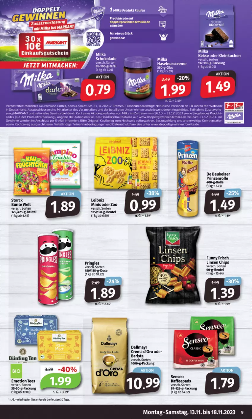 Aktueller Prospekt Markant - Prospekte - von 13.11 bis 18.11.2023 - strona 9 - produkty: beutel, chips, dallmayr, de beukelaer, eis, Funny Frisch, gutschein, kaffee, kaffeepads, leibniz, linsen, pringles, prinzenrolle, reis, ring, senseo, storck, tee, Ti, ZTE