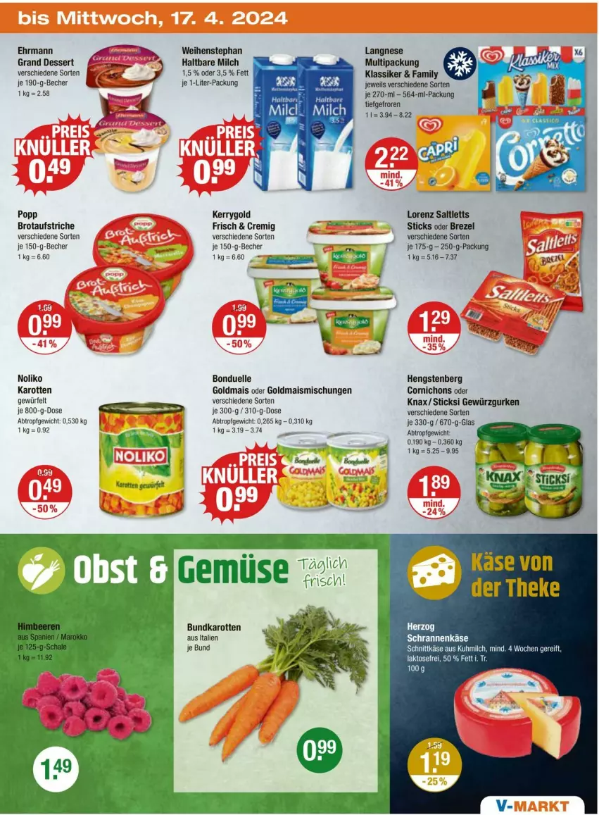 Aktueller Prospekt Vmarkt - Prospekte - von 11.04 bis 17.04.2024 - strona 23 - produkty: aufstrich, Becher, bonduelle, brezel, brot, brotaufstrich, brotaufstriche, dessert, ehrmann, elle, gewürz, Gewürzgurke, gewürzgurken, gurke, gurken, haltbare milch, hengstenberg, karotten, Käse, kerrygold, langnese, lorenz, milch, ndk, Popp, saltletts, schnittkäse, Ti, weihenstephan, würfel