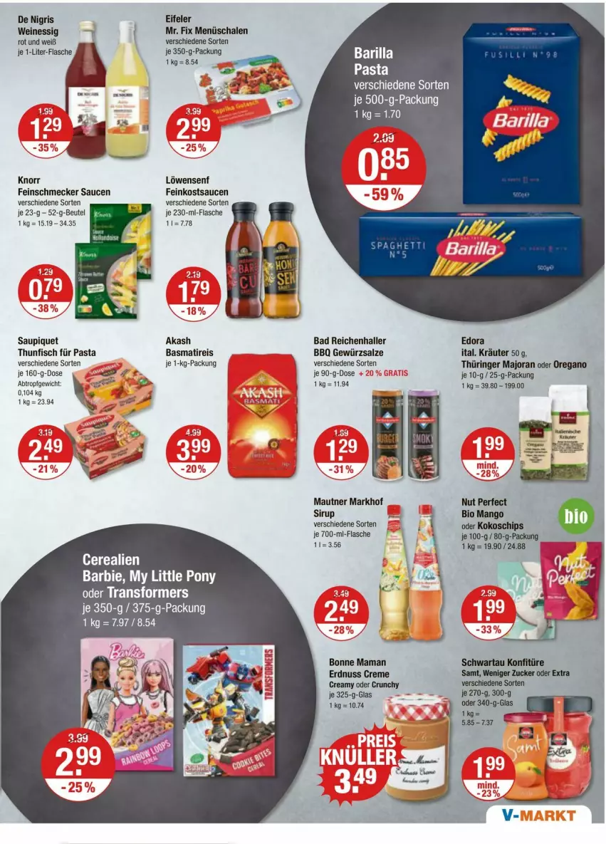 Aktueller Prospekt Vmarkt - Prospekte - von 11.04 bis 17.04.2024 - strona 7 - produkty: Bad, Barbie, basmati, beutel, bio, bonne maman, cerealien, chips, creme, eis, erdnuss, essig, feinkost, feinschmecker, fisch, flasche, gewürz, gewürzsalz, je 1-liter-flasche, knorr, kokos, konfitüre, kräuter, löwensenf, mam, mango, Mautner, nuss, pasta, reis, ring, salz, sauce, saucen, saupiquet, Schal, Schale, Schwartau, senf, sirup, thunfisch, Ti, wein, weine, zucker