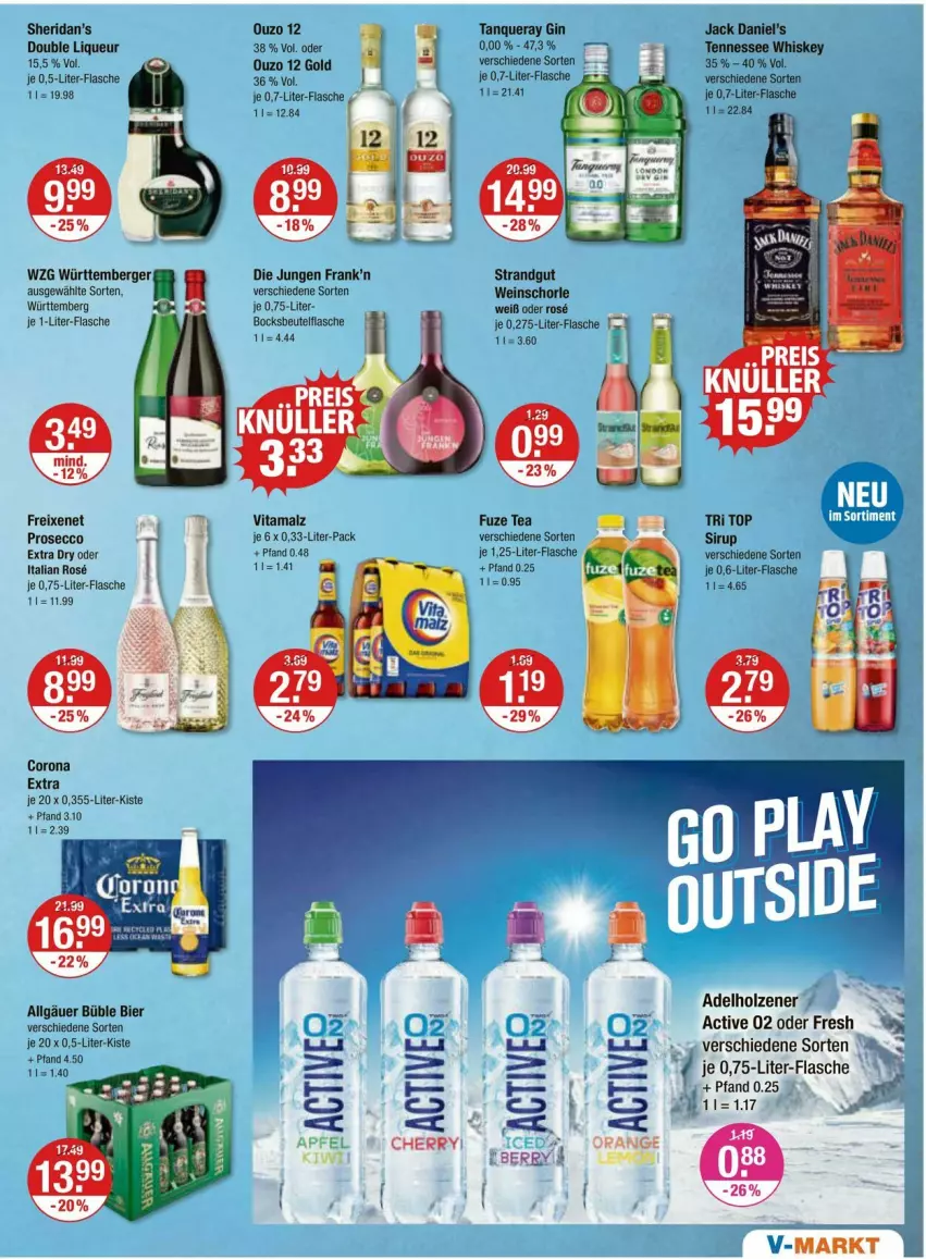 Aktueller Prospekt Vmarkt - Prospekte - von 11.04 bis 17.04.2024 - strona 9 - produkty: adelholzener, Berger, beutel, bier, corona, corona extra, eis, flasche, freixenet, fuze tea, gin, Holz, jack daniel, Jack Daniel’s, je 1-liter-flasche, LG, liqueur, malz, ouzo, ouzo 12, reis, schorle, sirup, Tanqueray, tennessee whiskey, Ti, vita, vitamalz, wein, weinschorle, whiskey