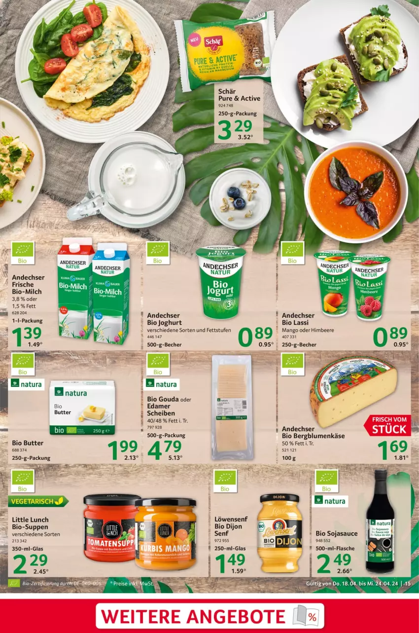 Aktueller Prospekt Selgros - Food - von 18.04 bis 24.04.2024 - strona 15 - produkty: andechser natur, Becher, beere, bio, blume, blumen, butter, edamer, gouda, himbeer, himbeere, joghur, joghurt, Käse, löwensenf, mango, milch, natur, natura, sauce, senf, soja, sojasauce, suppe, suppen, Ti