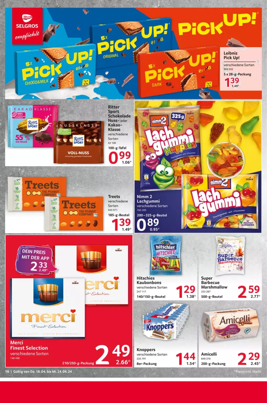 Aktueller Prospekt Selgros - Food - von 18.04 bis 24.04.2024 - strona 18 - produkty: amicelli, barbecue, beutel, bonbons, kakao, knoppers, leibniz, mars, nuss, Pick Up!, ritter, ritter sport, schoko, schokolade, Sport, storck, Ti, vita, Vitamine