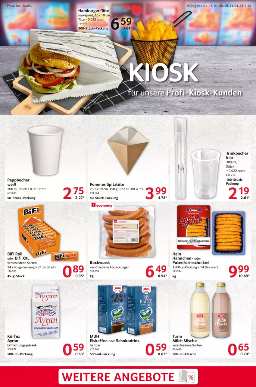 Aktueller Prospekt Selgros - Food - von 18.04 bis 24.04.2024 - strona 23 - produkty: Ayran, Becher, bifi, bockwurst, braten, burger, drink, eis, eiskaffee, erfrischungsgetränk, flasche, fleisch, getränk, gewürz, hamburger, kaffee, milch, Pappbecher, pommes, pute, schnitzel, schoko, trinkbecher, Tüte, wurst