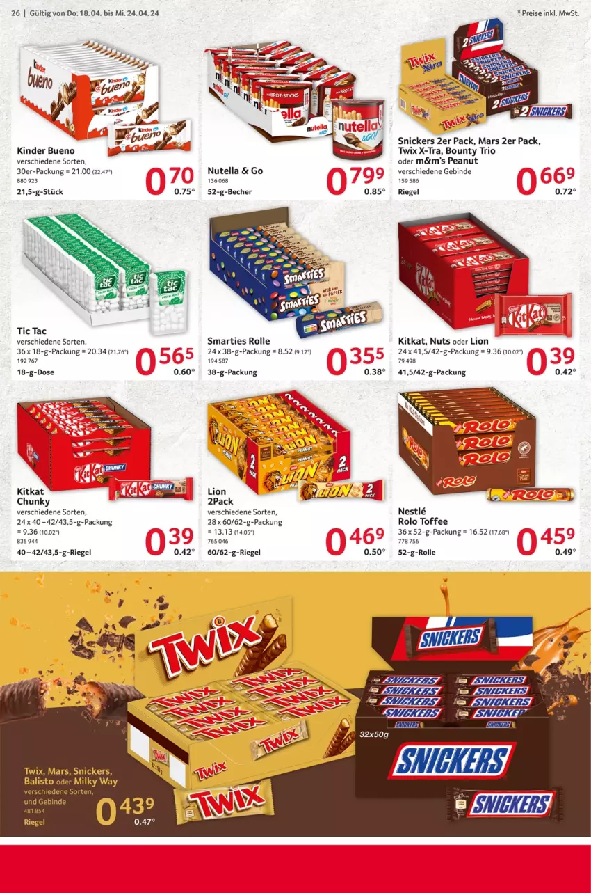 Aktueller Prospekt Selgros - Food - von 18.04 bis 24.04.2024 - strona 26 - produkty: balisto, Becher, bounty, eis, Kinder, kinder bueno, kitkat, lion, mars, milky way, nutella, reis, riegel, smarties, snickers, tee, Ti, twix