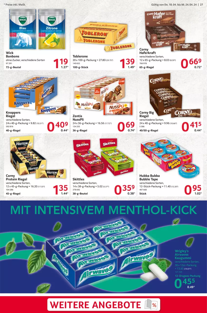 Aktueller Prospekt Selgros - Food - von 18.04 bis 24.04.2024 - strona 27 - produkty: beutel, bonbons, corny, eis, hafer, knoppers, kraft, nuss, nusspli, reis, riegel, skittles, Ti, toblerone, WICK, zentis, zucker