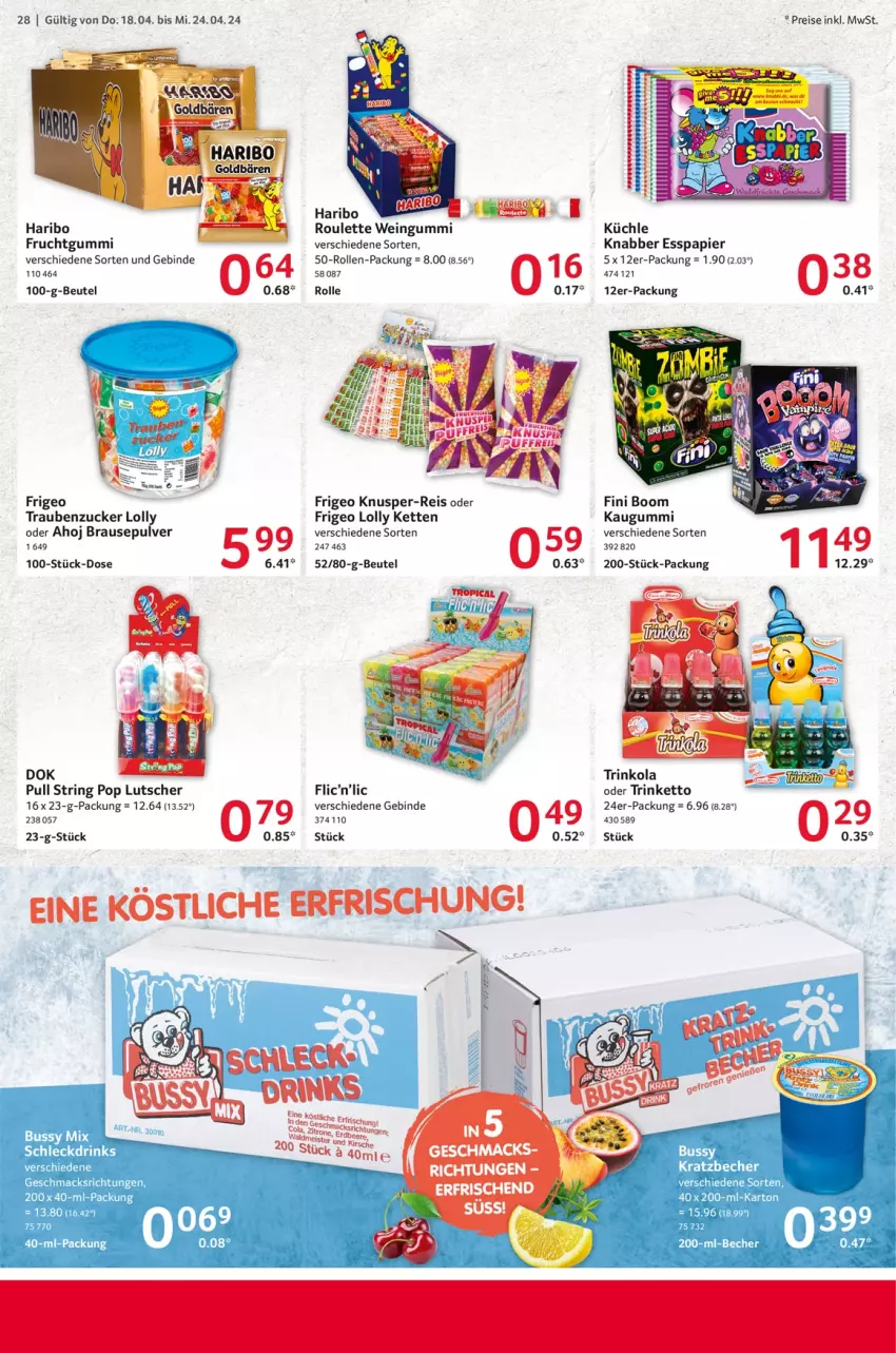 Aktueller Prospekt Selgros - Food - von 18.04 bis 24.04.2024 - strona 28 - produkty: Becher, beutel, brause, drink, drinks, eis, frucht, fruchtgummi, haribo, kaugummi, Kette, Lutscher, mac, papier, reis, ring, String, Ti, trauben, wein, zucker