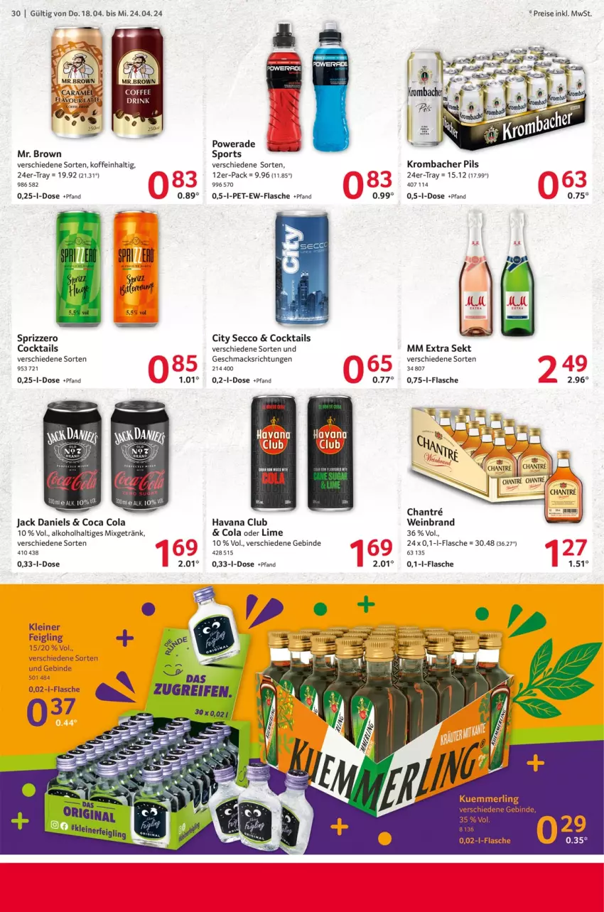 Aktueller Prospekt Selgros - Food - von 18.04 bis 24.04.2024 - strona 30 - produkty: alkohol, cocktail, cocktails, cola, ecco, eis, flasche, getränk, Havana Club, jack daniel, jack daniels, kleiner feigling, krombache, krombacher, krombacher pils, kuemmerling, leine, mac, merl, Mixgetränk, mm extra, pils, reis, sana, sekt, Sport, Sprizz, Ti, wein, weinbrand