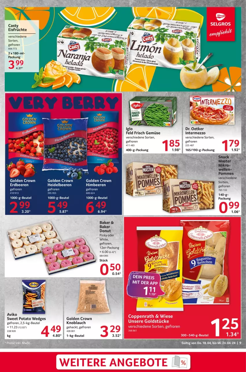 Aktueller Prospekt Selgros - Food - von 18.04 bis 24.04.2024 - strona 9 - produkty: beere, beeren, beutel, Donut, Dr. Oetker, eis, elle, früchte, Hela, himbeer, himbeere, himbeeren, intermezzo, knoblauch, orange, orangen, pommes, wedges