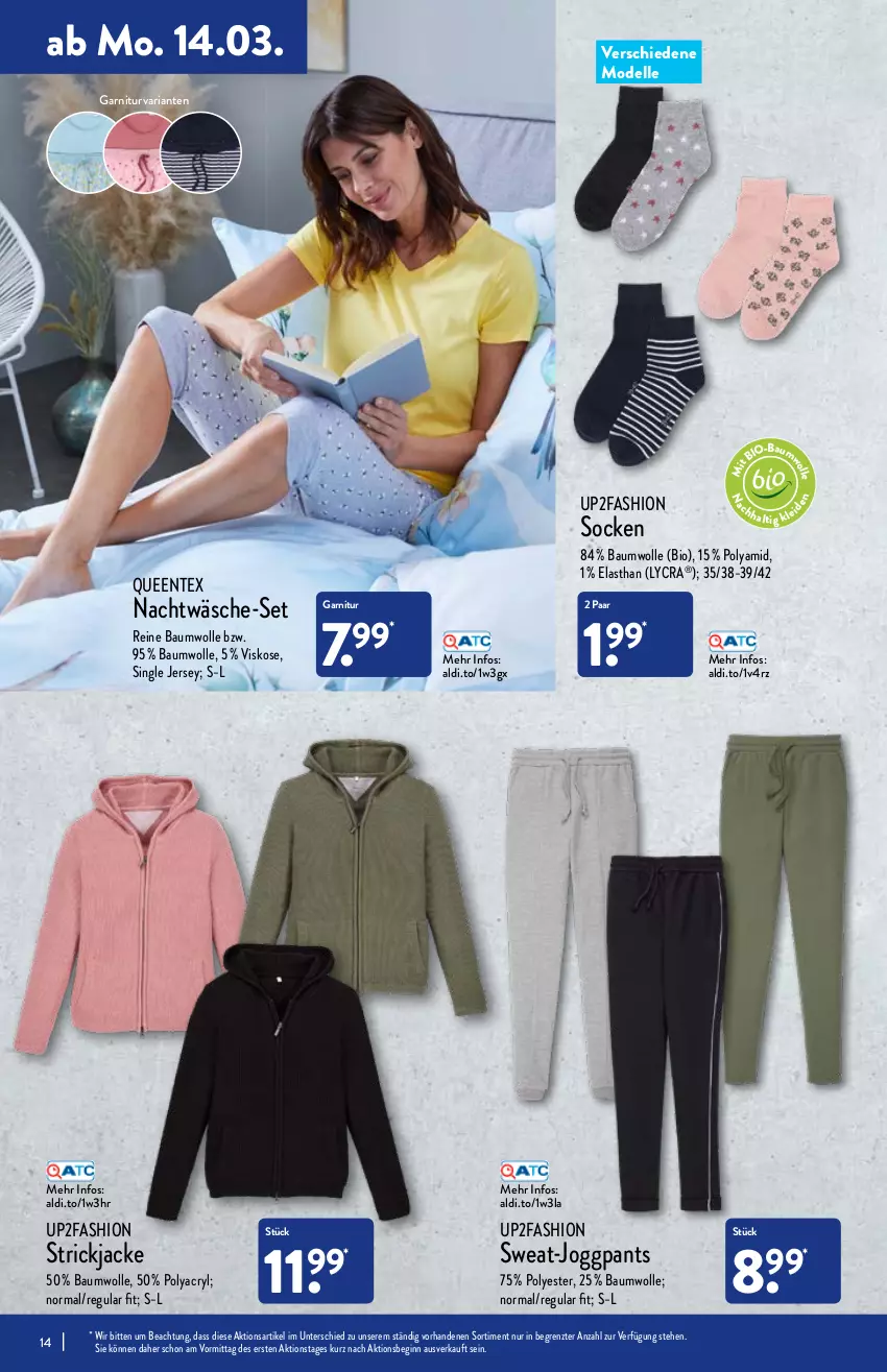 Aktueller Prospekt Aldi Nord - Aldi-Vorschau - von 14.03 bis 19.03.2022 - strona 14 - produkty: aldi, Bau, baumwolle, bio, dell, elle, ente, garnitur, gin, Jacke, Mode, Pants, Queentex, reine baumwolle, Ria, socken, Strickjacke, Ti, up2fashion, wolle, ZTE